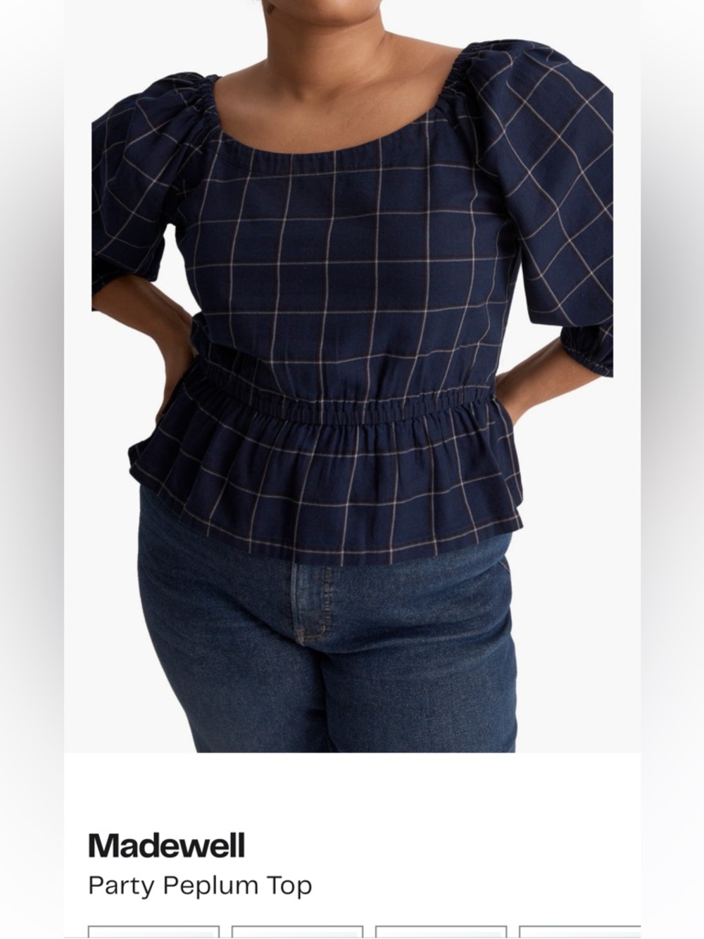 Madewell Navy Windowpane Square-Neck Puff-Sleeve Top